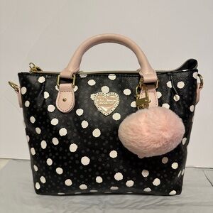 Betsey Johnson Handbag Pink Black Polka Dots W/ Pompon Charm 9”‎ x 7”